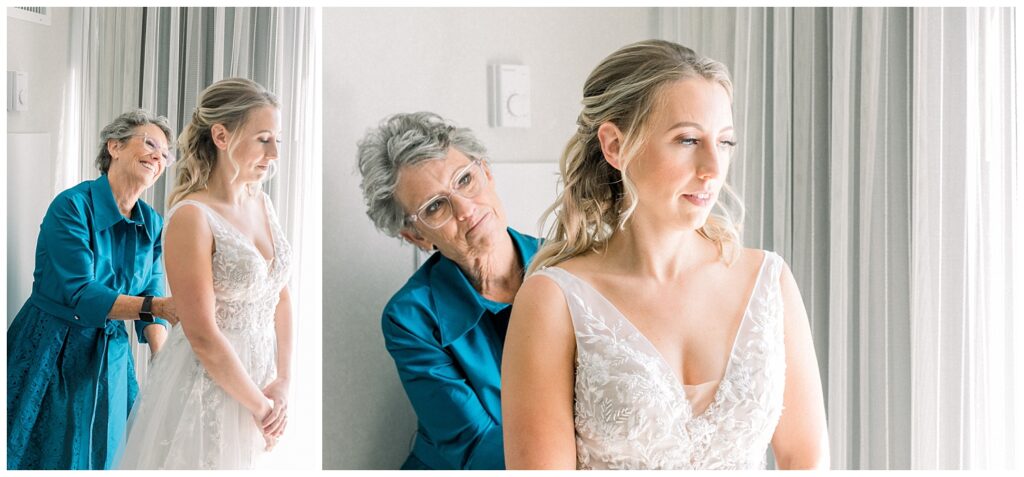 Mother of bride zips her daughter into her wedding dress